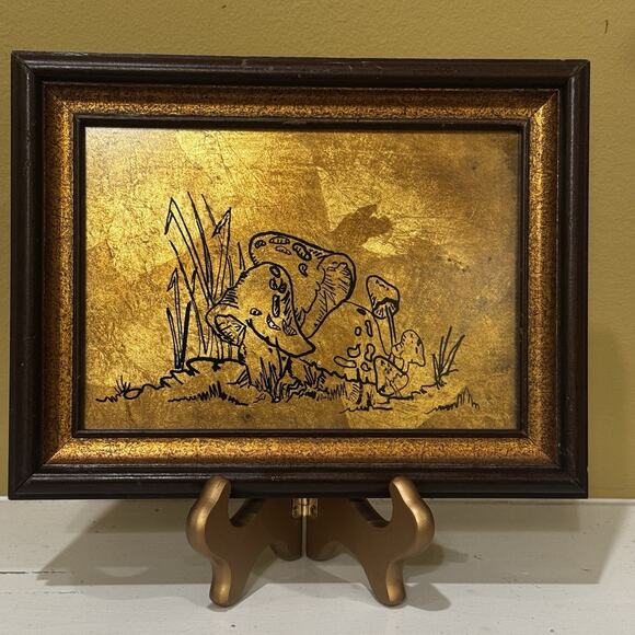 Mushrooms Gold Tin Foil Sketch Art Country Farm Wood Framed Vintage Retro Decor - Picture 2 of 11